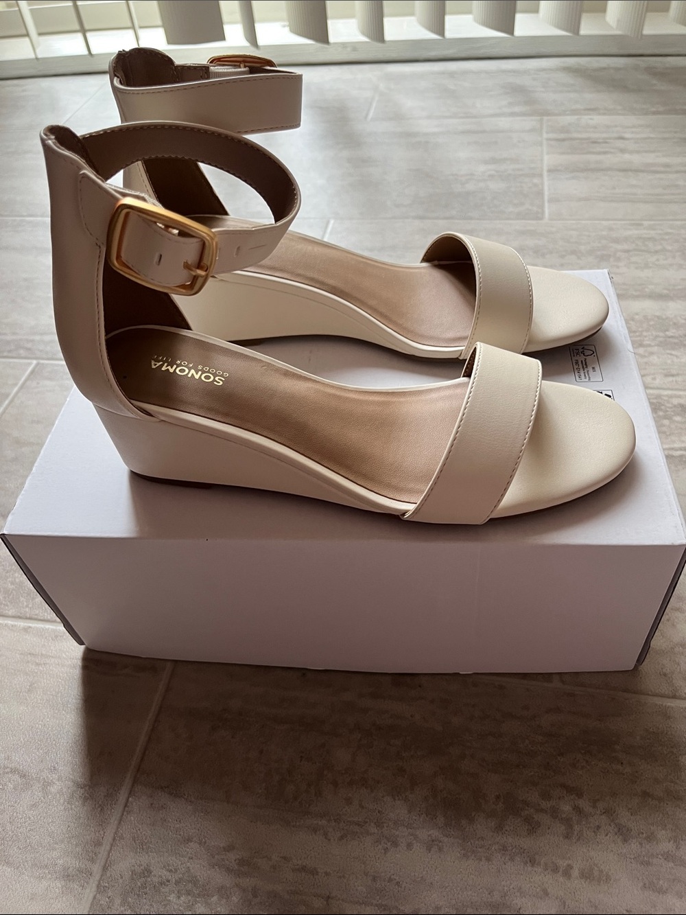 Sonoma Cream Ankle-Strap Wedge Sandals with Gold Buckle